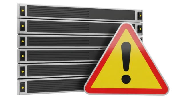 Isolated server stack with yellow warning sign indicating danger, network error or security alert