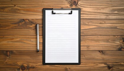 Clipboard with blank paper on wooden table