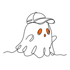 Outline of the profile of a chibi ghost in a cap in one line. Cute Halloween illustration. Funny monster


