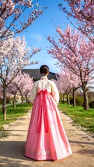 Fototapeta premium Traditional Korean hanbok worn by a woman in a cherry blossom garden.