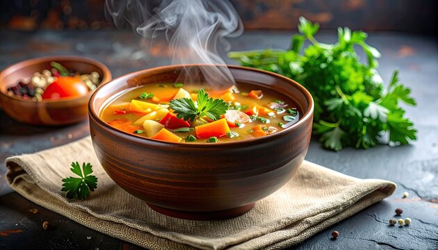 Rustic Vegetable Soup in Wooden Bowl with Steam Parsley and Herbs on Burlap Cloth on Dark Background Healthy Eco Lifestyle Culinary Still Life - Powered by Adobe