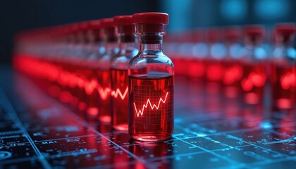 Red liquid filled vials display falling graph, biotech investment collapse, financial data analysis. Futuristic laboratory setting with digital background, research, scientific experimentation themes.