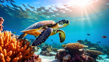 Underwater shot of a sea turtle gliding through coral reefs