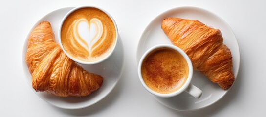 Overhead view of a breakfast of croissants and coffee. Two cups of coffee, one latte art, one espresso, with a croissant on each plate