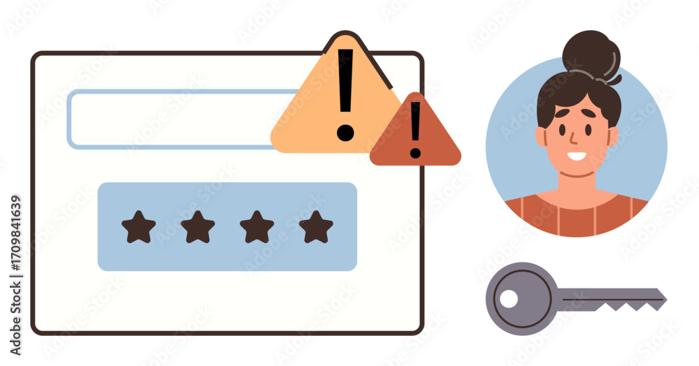 Poster login box with error icons, user profile, and key for password recovery. ideal for security, authent