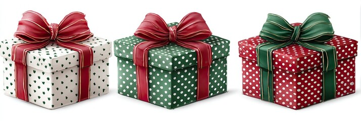 Three Christmas gift boxes with red and green ribbons and polka dot patterns
