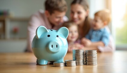 Blue piggy bank sits on table near stacked coins. Blurred family background emphasizes financial security, savings concept. Planning for future well-being, children needs ensures family happiness,