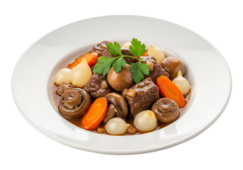 A rich, hearty beef stew, brimming with tender beef, savory mushrooms, and aromatic vegetables, is presented on a white plate against a black background.