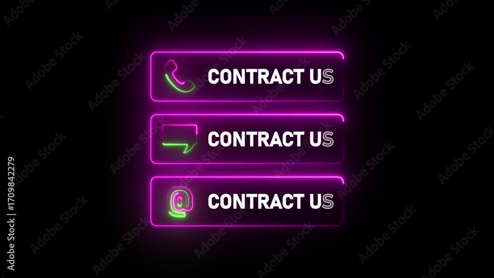 Poster three stacked neon purple and green buttons with contact icons and contractus text on black backgrou