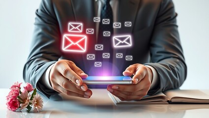 Professional interacting with a smartphone, illustrating the dynamic flow of digital communication and information exchange in the modern business environment