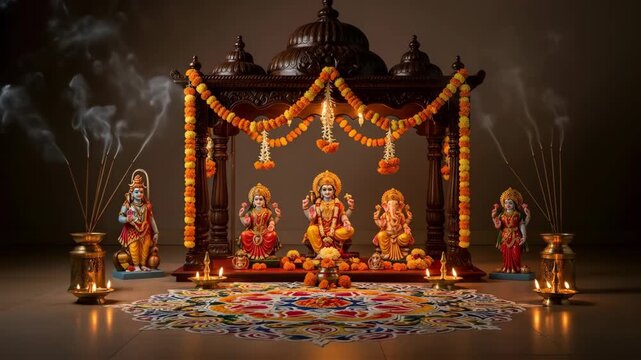 Navratri durga puja hindu altar with goddesses lit diyas incense marigold garlands and colorful rangoli sacred festival
