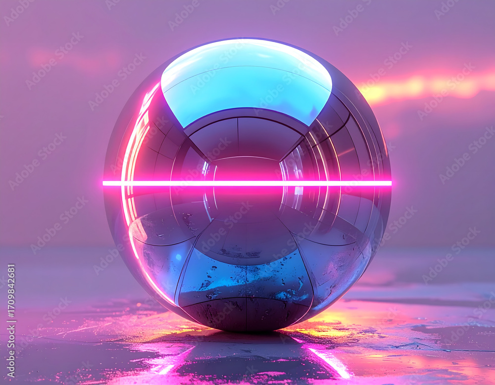 Poster a 3d rendering of a metallic sphere illuminated by a neon light, with reflections of sky