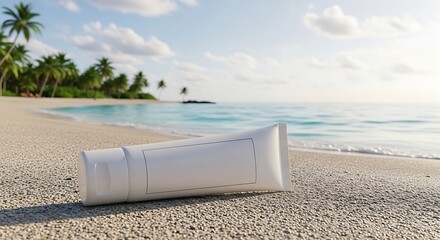White Sunscreen Tube on Sandy Beach Under Sunny Sky.