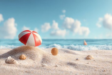 Obraz premium Bright beach scene featuring a red and white umbrella, seashells, and gentle ocean waves under a clear blue sky at midday