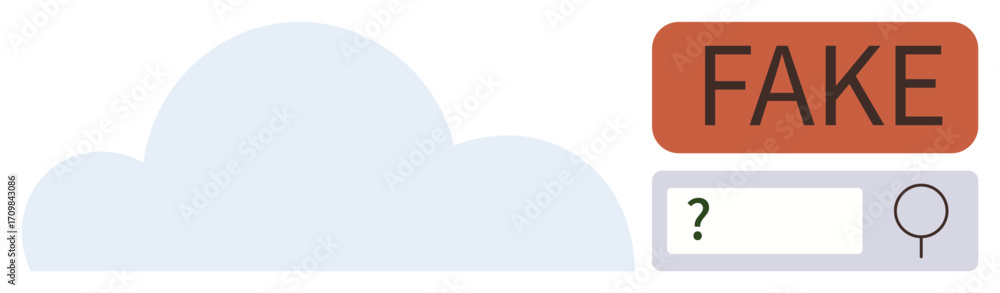 Aufkleber cloud shape with highlighted fake in red and a search bar symbolizing data accuracy, misinformation 