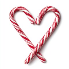 Fototapeta premium Two candy canes intertwined to form a heart shape, against a white background. Striped red and white candy canes. Sweet, festive, holiday, Christmas, love, shape, heart