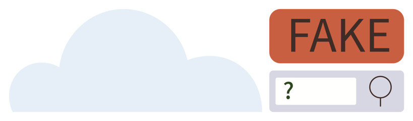Cloud shape with highlighted FAKE in red and a search bar symbolizing data accuracy, misinformation detection, internet safety, cybersecurity, cloud management, digital trust, and critical thinking