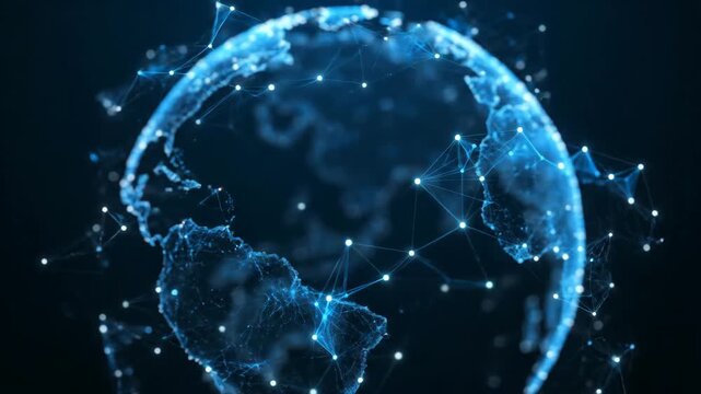 Digital globe highlighting Africa with interconnected glowing blue network nodes and lines.