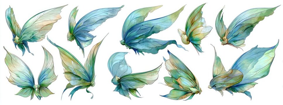 Collection of fanciful butterfly wings in light teal, teal, and beige hues