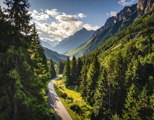 Scenic Route Through Verdant Mountains with Winding Roads and Lush Forests