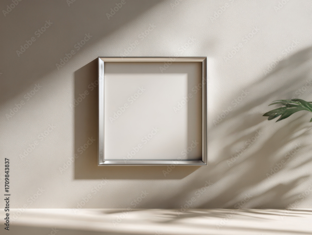 Poster empty frame on wall: a minimalist square frame elegantly hangs against a neutral-toned wall. the int