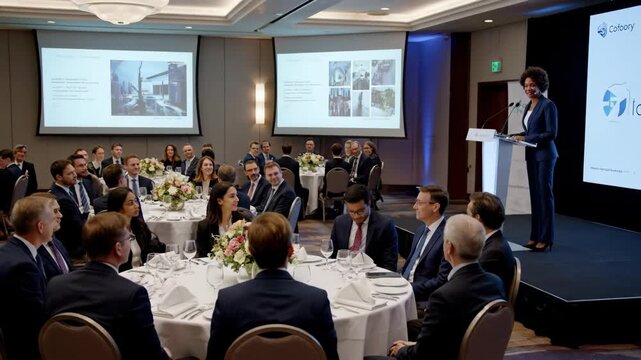 A professional business conference with attendees seated at round tables listening to a woman speaker at a podium.