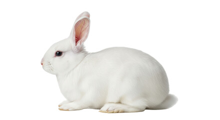 Isolated white rabbit resting in profile, Easter animal portrait, small mammal looking left