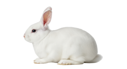 Isolated white rabbit resting in profile, Easter animal portrait, small mammal looking left