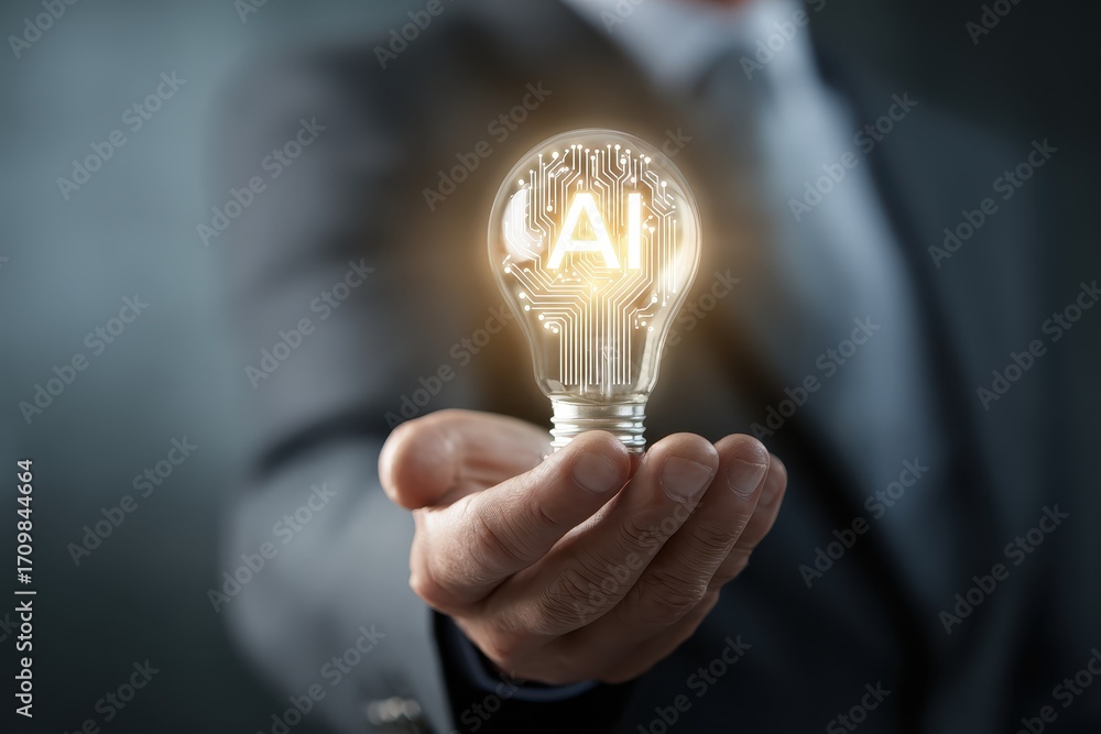 Poster businessman holds glowing lightbulb symbolizing artificial intelligence innovation in modern workspa