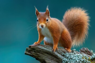 Red squirrel perched on a log, showcasing its playful demeanor against a vibrant blue background in a serene forest setting
