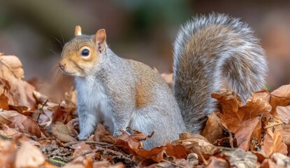 Naklejka premium Gray squirrel amidst autumn leaves