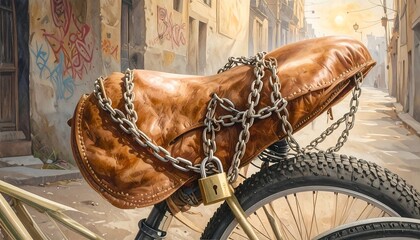 Leather saddle chained to bike in urban alley