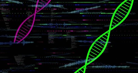Opening glitch lines driving pulsating helices code forming revealing skyline showing data flow - Powered by Adobe
