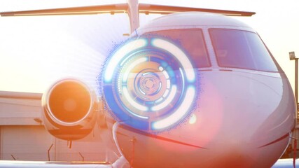 Interface appearing on jet nose, rings pulsing and rotating while flare sweeping, showing curvature - Powered by Adobe