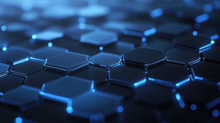Obraz premium Close-up view of a dark blue, hexagonal grid, glowing with bright blue light