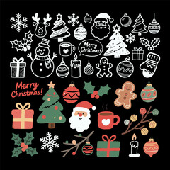 Christmas holiday doodles featuring Santa, gifts, snowflakes, trees, ornaments, and treats in hand drawn style on a black background