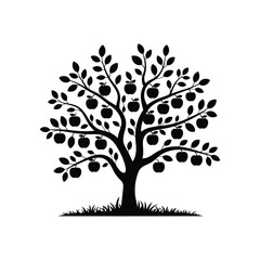 Fototapeta premium Silhouette of a mature apple tree laden with ripe fruit and lush green leaves set against a clear sky