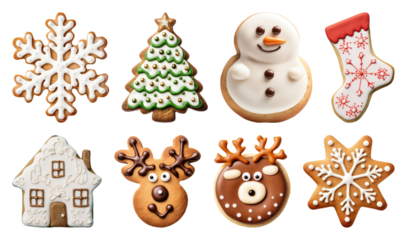 PNG Festive holiday cookies beautifully decorated, element set on transparent background