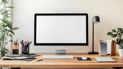 Modern workspace with computer, plants, and supplies