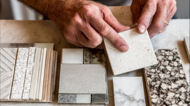 Expert hands evaluate various tile samples for a home renovation project in a bright workshop space