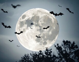 A swarm of bats silhouetted against a large, bright full moon in a spooky, dark night sky with tree tops below.
