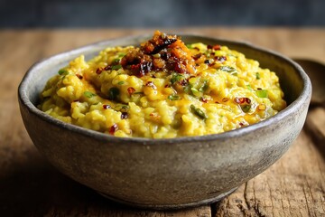 Moong dal khichdi with ghee drizzle and spicy pickle in rustic grey bowl