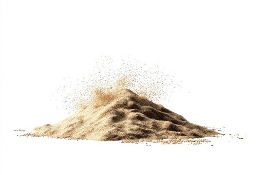 A mound of light beige sand erupts with scattered particles against a pure white background