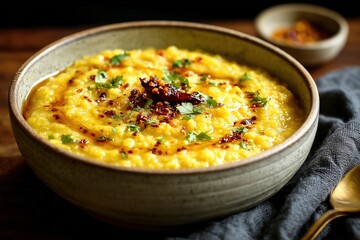 Moong dal khichdi with ghee drizzle and spicy pickle in rustic grey bowl