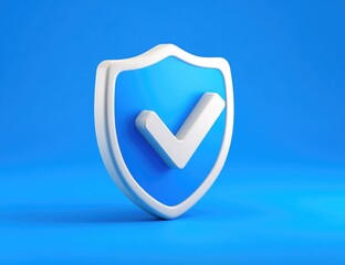 3D rendered blue shield with white checkmark.  A white shield, a vibrant blue shield, a white checkmark, on a bright blue background.  A symbol of security or approval