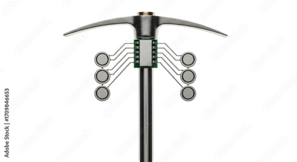 Poster isolated pickaxe with circuit board, computer chip or cpu, digital technology concept