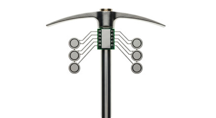 Isolated pickaxe with circuit board, computer chip or CPU, digital technology concept