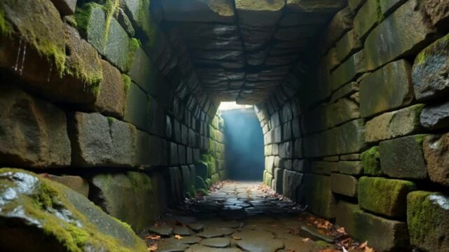Mysterious Tunnel Passage: An evocative perspective of an ancient stone tunnel, where dappled light streams from the exit, creating a dramatic play of light and shadow, beckoning towards the unknown.