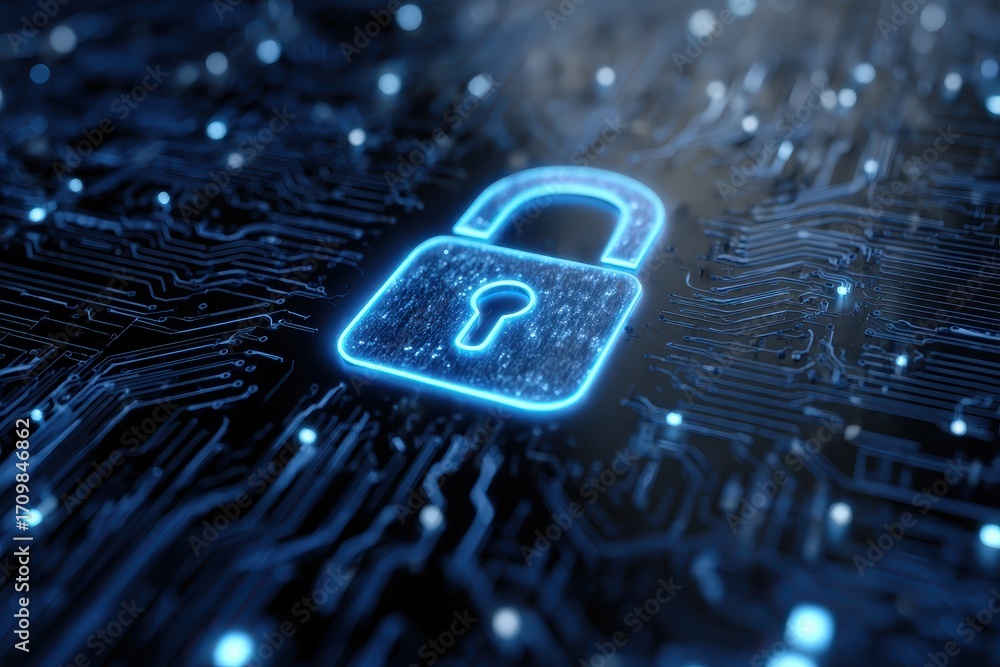 Poster digital abstract tech background featuring a glowing lock symbol integrated into a circuit design fo