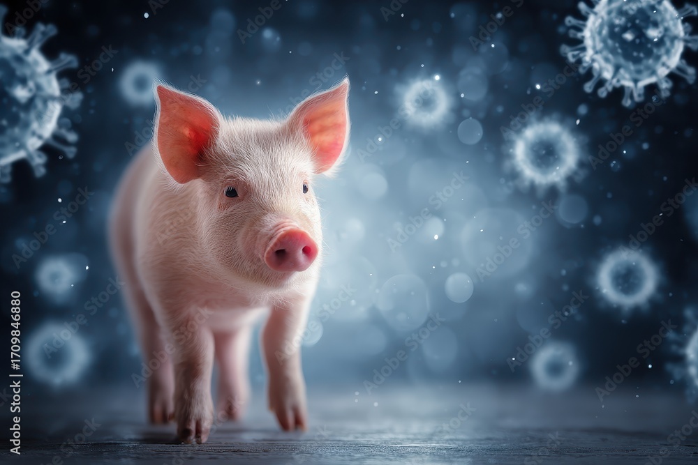 Poster pig stands confidently in front of a visually striking virus background, highlighting the intersecti